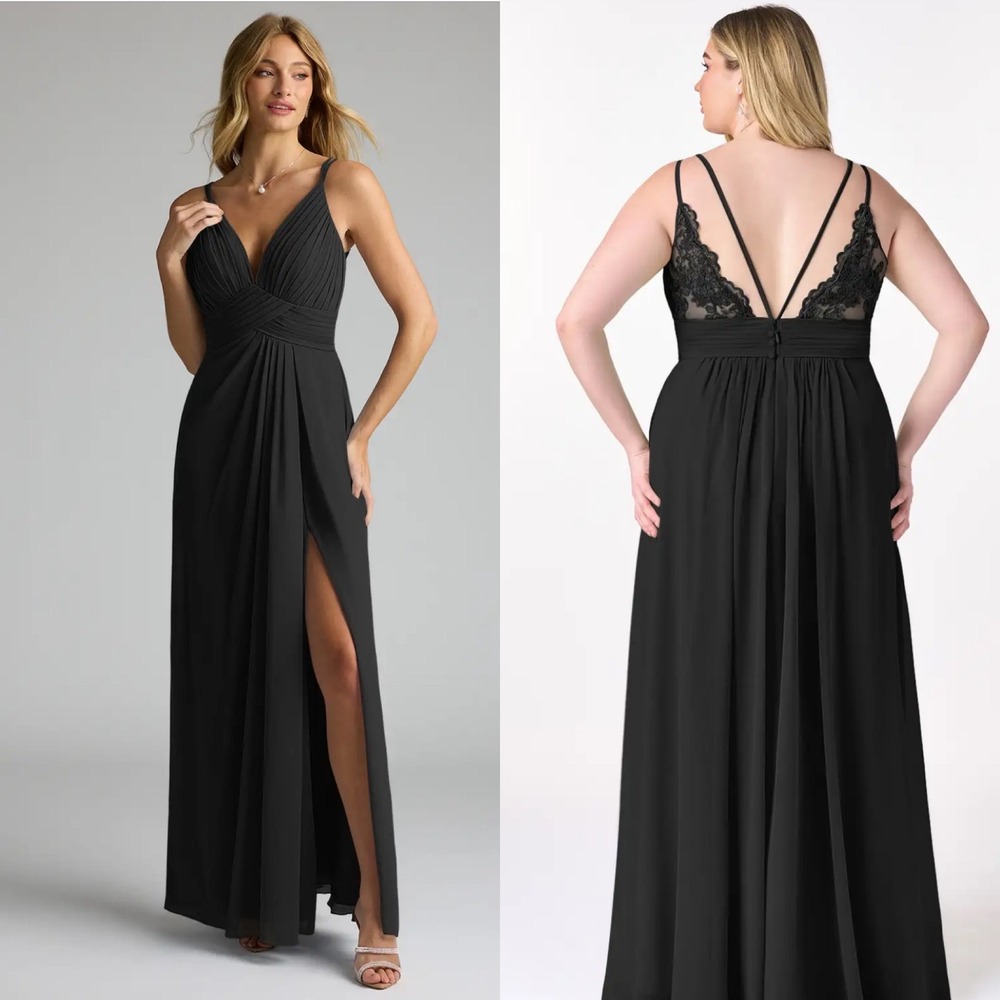 Azazie Maren Allure Black A-Line V-Neck Lace Chiffon Maxi Dress Size 10